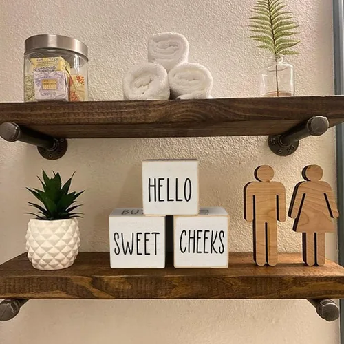 Miniatura 5 de Divertidos accesorios y decoración de baño de granja para estante, bloques de madera de 4 lados - Letreros de "Nice Butt" y "Get Naked" y "Hello