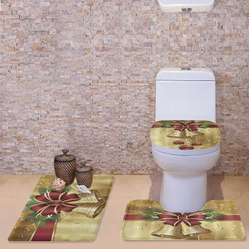 Miniatura 5 de FOR U DESIGNS Juego de tapetes de baño con moqueta, contorno y tapa, campana de lazo de Navidad, tapete decorativo suave para el hogar, dorado