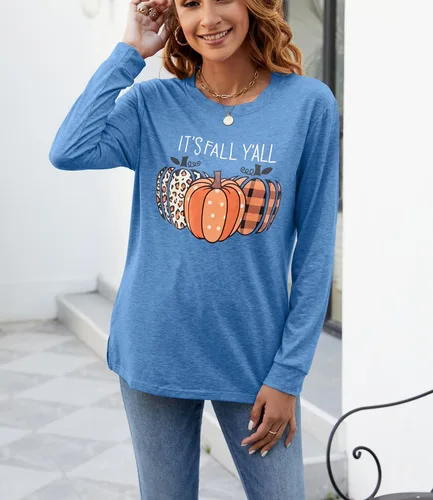 Miniatura 5 de Sudaderas con estampado de calabaza para mujer, cuello redondo, casual, manga larga para otoño