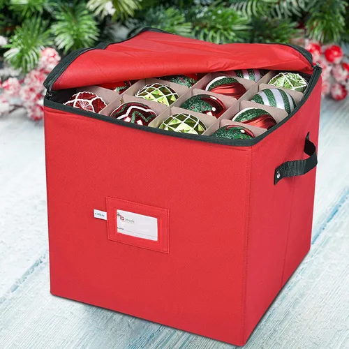 Miniatura 7 de Caja de almacenamiento para adornos navideños, 4 capas, se adapta a 64 bolas de ornamentos, fabricada con material Oxford 600D duradero Rojo