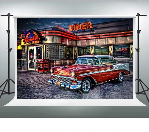 Miniatura 8 de Telón de Fondo de Rock Roll de los 50s para Diner, 1950s Coche Vintage Retro Nostalgia para Fotografía, 1.5x0.9m Telón de Fondo para Fotos