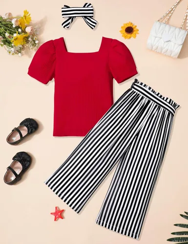 Miniatura 40 de DONWEN Conjunto de 3 piezas de ropa para niñas pequeñas y niñas con cuello cuadrado + pantalones elegantes + diadema para primavera y verano