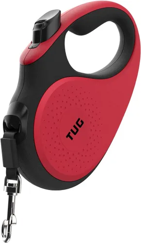Miniatura 4 de TUG - Correa retráctil 360º para perros, libre de enredos, mango antideslizante, nailon resistente de 16 pies, freno de una sola mano, pausa y Rojo