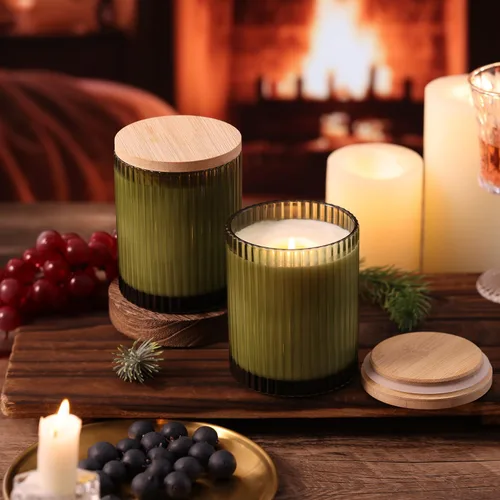 Miniatura 6 de Tarros de vela de vidrio verde oliva de 14 onzas para hacer velas, paquete de 6 frascos de velas vacíos a granel con tapas y accesorios de bambú