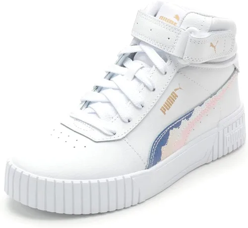 PUMA Zapatos deportivos Carina 2.0 Mid Court con cordones para niños y niñas, estilo casual, color blanco