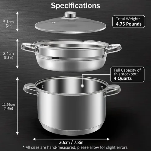 Miniatura 2 de AuFranc® olla de 4 cuartos de acero inoxidable 18/10 de tres capas con tapa de vidrio templado y vaporera, olla a vapor multiusos compatible