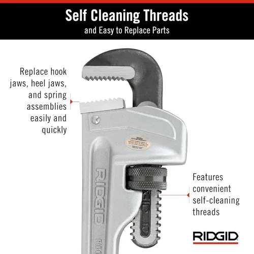 Miniatura 7 de RIDGID 31090 Llave de tubo recto de aluminio, llave de fontanería resistente de 10 pulgadas con hilos autolimpiantes y mordazas de gancho
