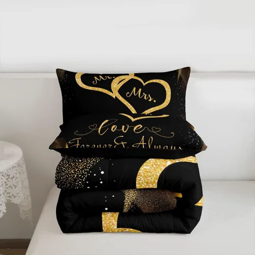 Miniatura 7 de Erosebridal Juego de edredón para parejas, juego de ropa de cama tamaño individual con lentejuelas doradas con purpurina dorada, edredón acolchado
