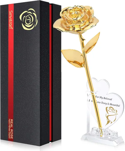 Sinvitron Rosa bañada en oro de 24 quilates de oro real, rosas doradas únicas bañadas a mano, regalos románticos para mujeres en cumpleaños, Dorado