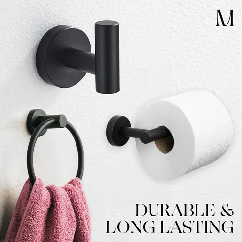 Miniatura 3 de Marmolux Acc - Juego de accesorios de baño de 3 piezas con soporte para papel higiénico negro mate, anillo para toallas y gancho para toallas