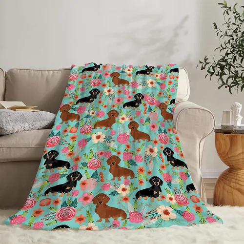 Miniatura 5 de Jinflower Manta de Perro Salchicha Bonito Patrón de Perro Salchicha Manta de Tiro para Niñas Niños Adultos Súper Suave Cálida Acogedora Manta