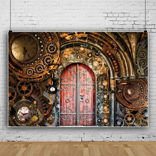 Miniatura 3 de YongFoto Telón de fondo retro steampunk de 5 x 3 pies, estilo vintage, metálico, mecánico, bronce, mecánico, engranajes, puerta de metal