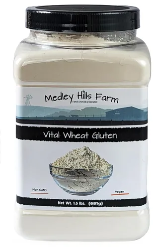Gluten de trigo vital de Medley Hills Farm 1.5 libras en contenedor reutilizable - Alto en proteínas - Vegano - Sin OGM - Apto para keto - Haga