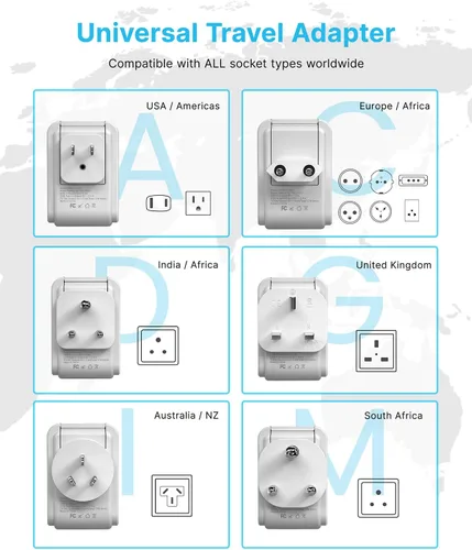 Miniatura 5 de VINTAR Kit de adaptador de viaje universal, cable de extensión desmontable de 1.5 metros con 2 tomas de CA y 3 USB (2 USB C), adaptador de corriente