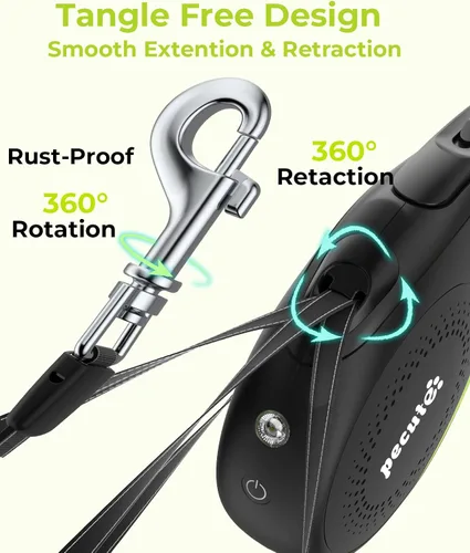 Miniatura 5 de Pecute Correa retráctil para perro con linterna, correa retráctil resistente de 26 pies para mascotas con luz, control de un botón, protección