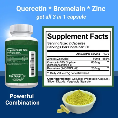 Miniatura 2 de TRUTHENTICS Quercetina con bromelina y zinc 1050 mg – Suplementos de quercetina de zinc premium para apoyo inmunológico, respiratorio y estacional