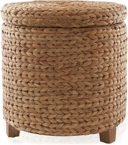 Miniatura 4 de Casafield Otomano de almacenamiento redondo de 17" con tapa - Jazmín, taburete tejido a mano de jacinto de agua para sala de estar, dormitorio