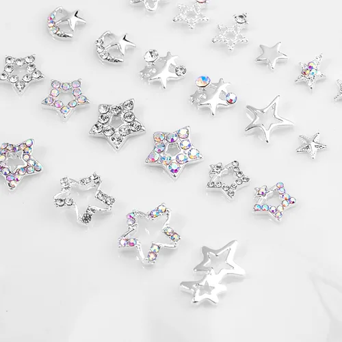 Miniatura 3 de WOKOTO 24 dijes de estrella plateada para uñas, diamantes de imitación para uñas, arte de estrellas 3D, dijes para uñas acrílicas, estrellas 3D