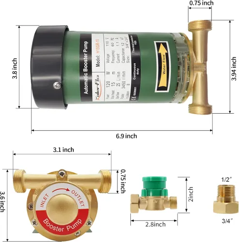 Miniatura 6 de Bomba de refuerzo de presión de agua de 120 W 115VAC, 396 GPH, 21.7 PSI Bomba de refuerzo automática para el hogar con interruptor de flujo de agua