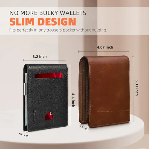 Miniatura 25 de RUNBOX - Carteras delgadas para hombre, cartera de piel con pinza para el dinero, cartera de bolsillo frontal con bloqueo RFID, tarjetero