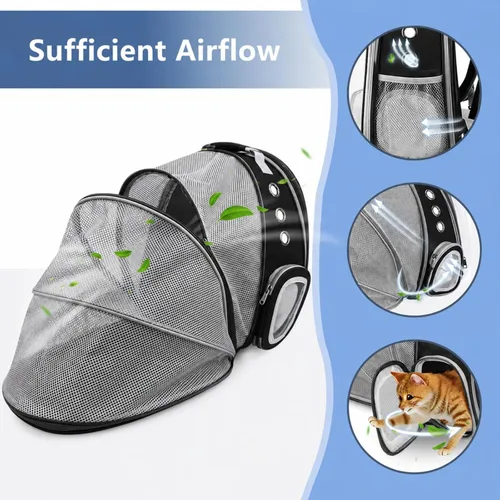 Miniatura 5 de Mochila expandible para gatos y perros, mochila de viaje para mascotas con ventana de burbujas con malla transpirable, estructura anticolapso, Negro