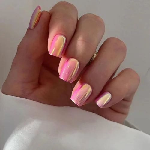 Miniatura 10 de Uñas Postizas Cuadradas de Cromo Púrpura Cortas Medianas para Presionar, KQueenest Uñas Acrílicas Falsas de Plateado Metálico Espejo para Presionar