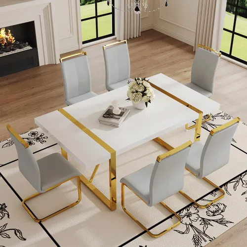 Miniatura 22 de Mesa de comedor Ebullient para 4, mesa de comedor rectangular negra de MDF, tapa de mesa de cena de mármol falso, mesa de comedor moderna con marco