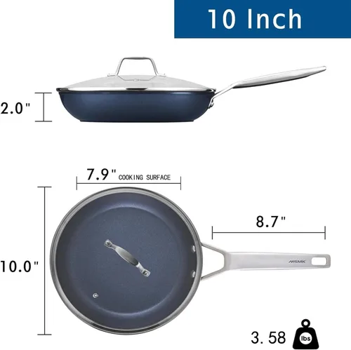 Miniatura 8 de MsMk Sartenes antiadherentes con tapa azul, sartén duradera de 10 pulgadas, titanio y diamante, revestimiento no tóxico de EE. UU., calefacción