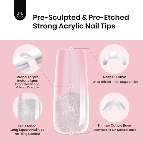 Miniatura 5 de Beetles Tipex - Uñas postizas con ápice instantáneo, 192 uñas, preconstruidas y pregrabadas, largas, cuadradas, fuertes y gruesas, uñas postizas a