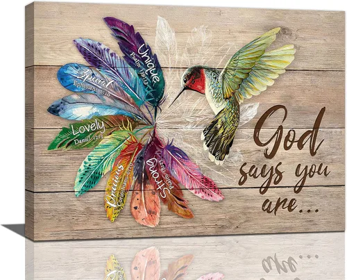 Arte de pared de colibrí cristiano con texto en inglés "God says you ers", impresiones en lienzo, pintura rústica de pájaros de campo, obras de arte