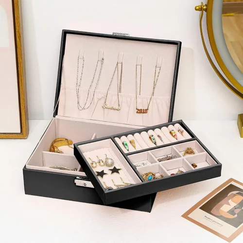 Miniatura 3 de ZUZOOQ ZUZ003A - Caja organizadora de joyas para mujeres y niñas, estuche de almacenamiento grande de 2 capas, soporte de exhibición de piel