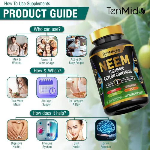 Miniatura 6 de Suplemento de hoja de neem – Fórmula 8 en 1 – Combina con cúrcuma, canela de Ceilán, jengibre, Tulsi, Ginkgo Biloba, Amla y pimienta negra – Apoyo a
