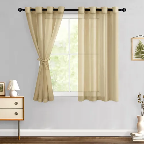 Miniatura 162 de Hiasan - Cortinas traslúcidas de gasa cortas semitransparentes con ojales y alzapaños filtrantes de luz para ventana, dormitorio, baño, 2 paneles