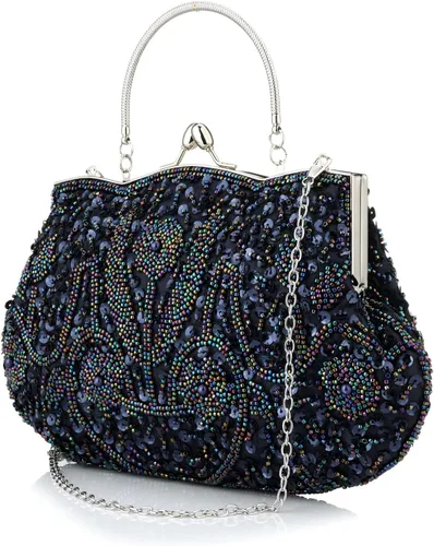 Miniatura 29 de Bolso de noche de diseñador floral con cuentas de lentejuelas diseño vintage besos cerradura satén embrague bolso bolso de mano de boda fiesta