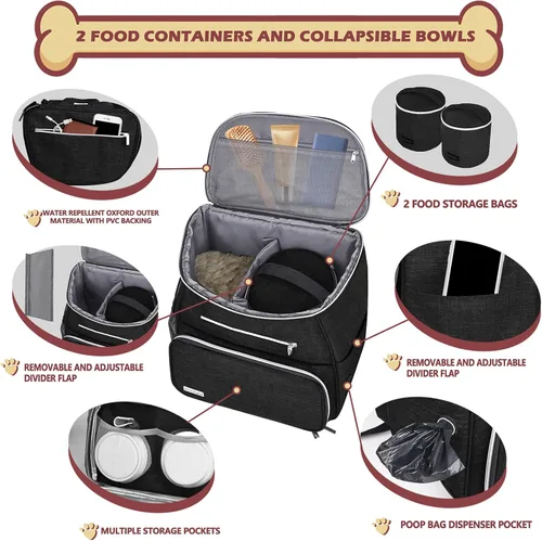 Miniatura 2 de BAGLHER Mochila de viaje para perros, mochila de suministros para mascotas aprobada por aerolíneas, bolsa de viaje para perros con 2 cuencos Negro