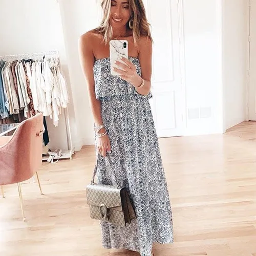 Miniatura 5 de ZMPSIISA Vestido largo de verano para mujer, con hombros descubiertos, con volantes, sin tirantes, de porcelana, color azul y blanco, bohemio