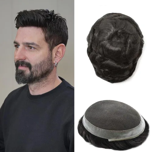 Miniatura 36 de Toupee para hombres Sistema de reemplazo de cabello humano real pieza de cabello humano para hombres encaje suizo para hombre Toupee Hair Pieces