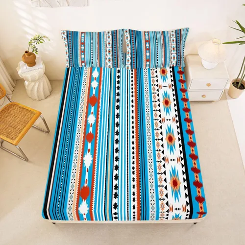 Miniatura 25 de Juego de ropa de cama de estilo bohemio occidental, tamaño individual, diseño de vaca atrapasueños, sábana bajera ajustable del suroeste, tribu