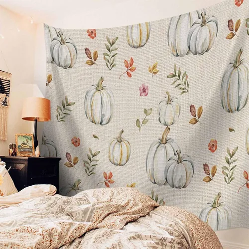 Miniatura 3 de T&H XHome Tapiz para colgar en la pared, tapices estéticos para dormitorio, Acción de Gracias, calabaza dibujada a mano con hojas, tapiz de pared
