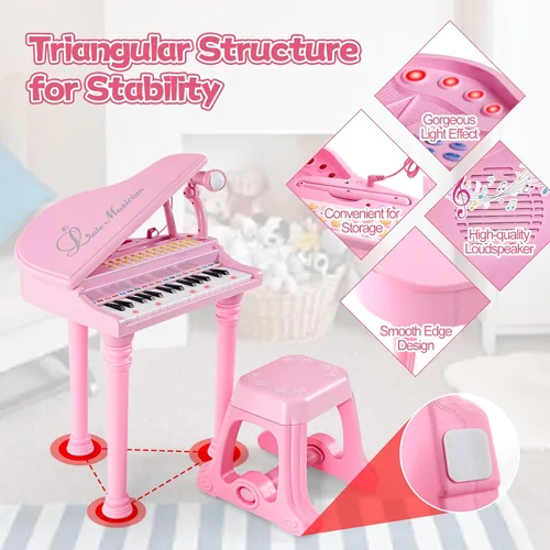 Miniatura 6 de Honey Joy - Piano mini clásico para niños con atril y taburete, piano electrónico portátil, instrumento musical educativo, juguete con micrófono