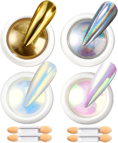 Polvo de uñas holográfico dorado cromado para uñas de gel, pigmento iridiscente Aurora sirena, kit de polvo mágico de perla blanca con purpurina