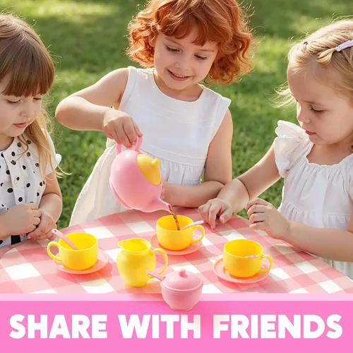 Miniatura 6 de JOYIN Juego de 18 piezas de fiesta de té de simulación, juego de té de plástico rosa, mini cocina para niños, regalos para niños pequeños, regalo