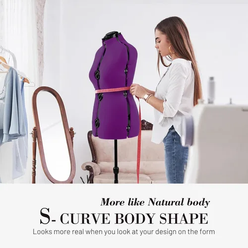 Miniatura 6 de Formas de vestido para costura, maniquí femenino morado ajustable talla 6-14, cuerpo de modelo que se puede sujetar con alfileres con 13 diales