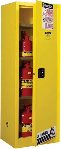 Justrite Gabinete de almacenamiento inflamable delgado de cierre manual de 22 galones, acero de calibre 18, 3 estantes, gabinete de fuego de 2