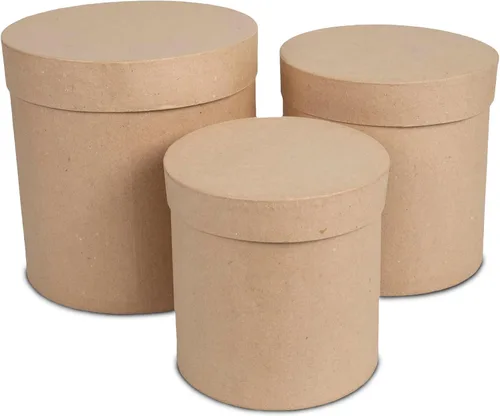 Cajas altas y redondas de papel maché con tapas (juego de 3) - Cajas de regalo anidadas de papel kraft marrón - Cajas de regalo redondas anidadas