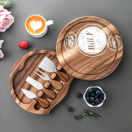 Miniatura 5 de Juego de tablas de queso de madera de acacia, tabla de charcutería y plato para servir queso con 4 cuchillos de queso de acero inoxidable, ideal