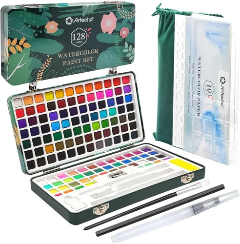 Miniatura 11 de Artecho Juego de pintura de acuarela de 50 colores, juego de acuarela de viaje con papeles de acuarela y pinceles, ideal para aficionados