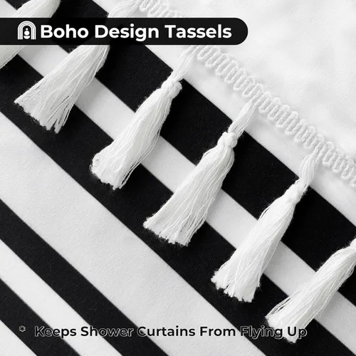 Miniatura 5 de Seasonwood Cortinas de ducha extralargas con borlas modernas en blanco y negro, impermeables, 72 x 96 pulgadas
