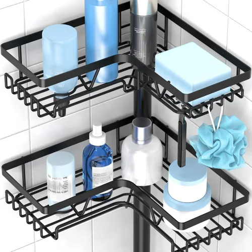 Miniatura 4 de KEGII Organizador de ducha de piso de pie, organizador de ducha de esquina de 4 niveles con ganchos y soporte para jabón, estante de almacenamiento