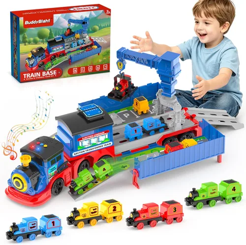 Juego de tren de juguete 2 en 1 para niños pequeños, base de tren de catapulta con grúa torre móvil, 8 pequeños trenes magnéticos, efecto de luz y